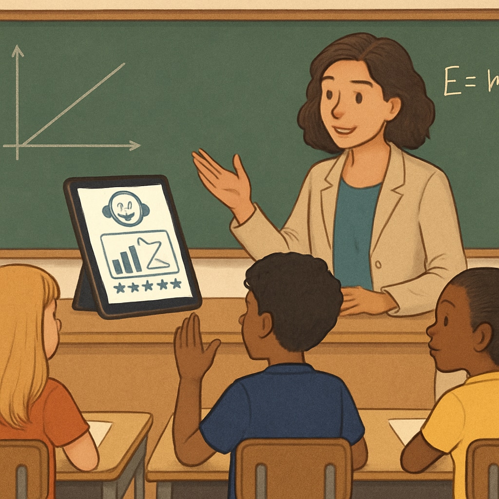 Teacher with students and an AI education application showing personalized content.