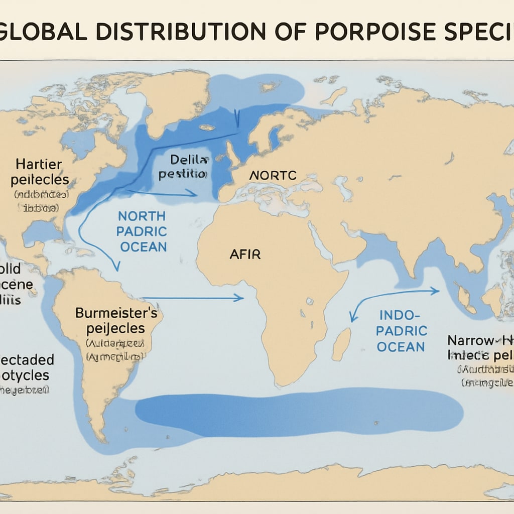 A map showing the global distribution of porpoise species, highlighting key habitats such as the Gulf of California and the North Pacific Ocean. Global distribution map of porpoise species, highlighting key habitats.