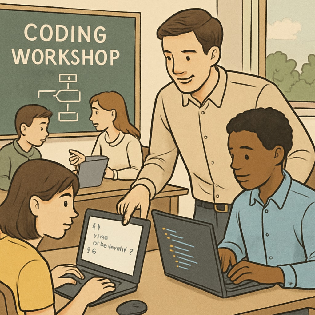 Students working on coding projects in a collaborative workshop.