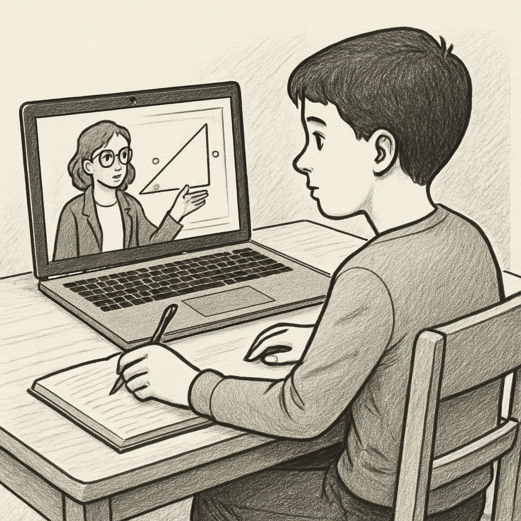 A student participating in an online public education lesson at home.