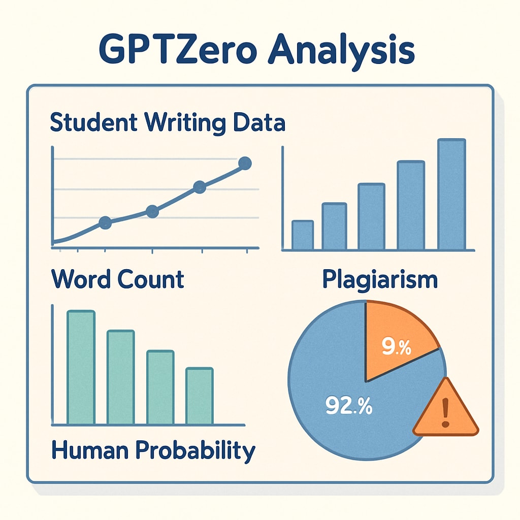 A visual representation of GPTZero's analysis dashboard, showing real-time student writing data and potential plagiarism indicators. GPTZero dashboard displaying student writing analysis for plagiarism detection.