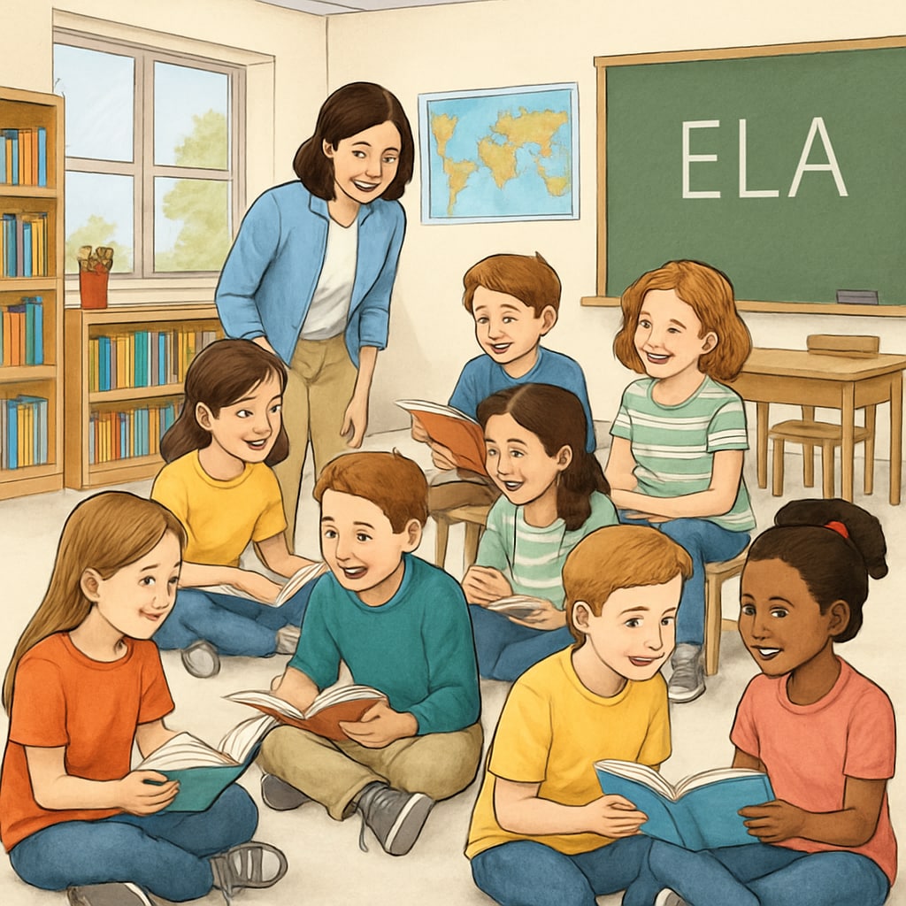 Students in a classroom engaging in group reading activities for ELA.