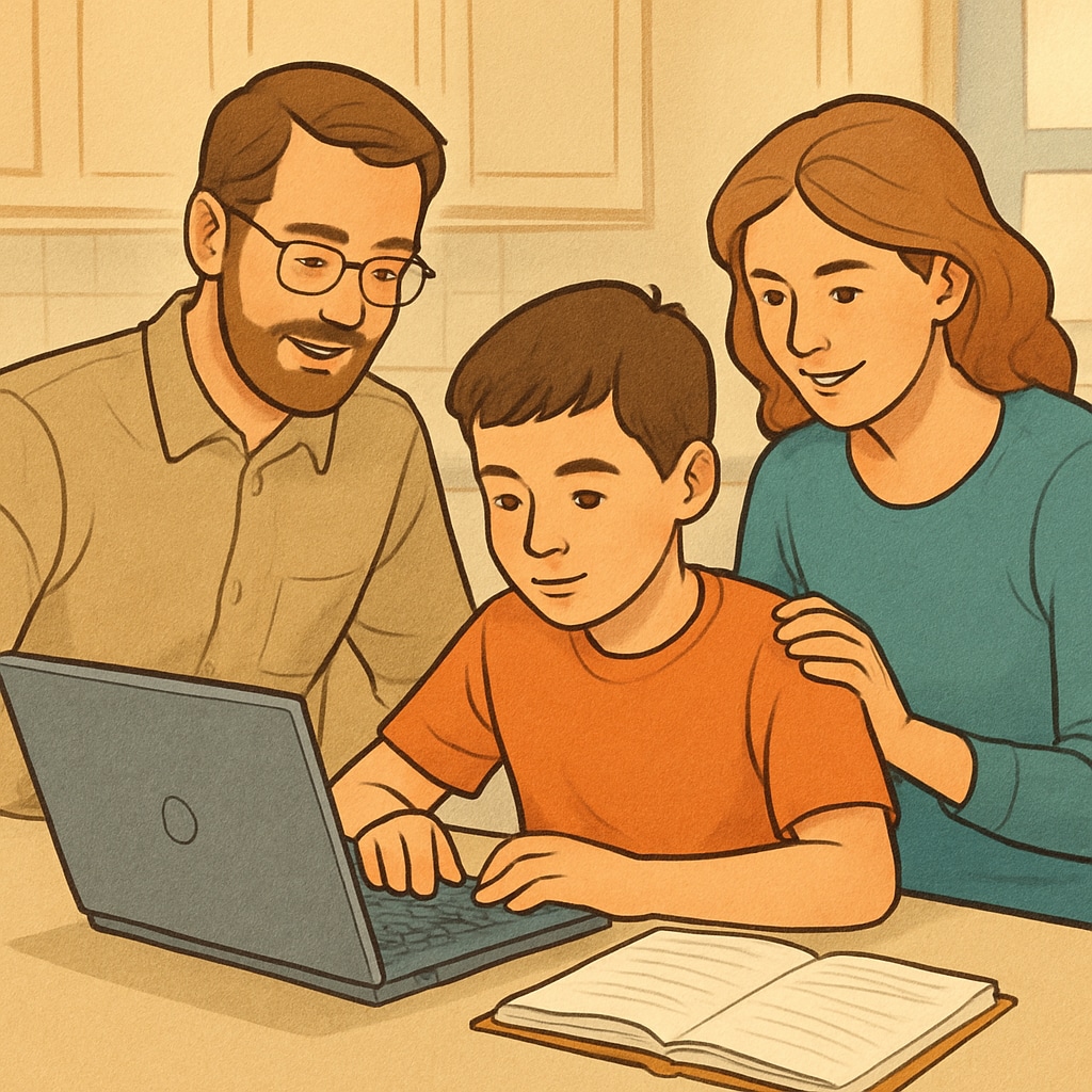A family supporting their child’s online public education at home.