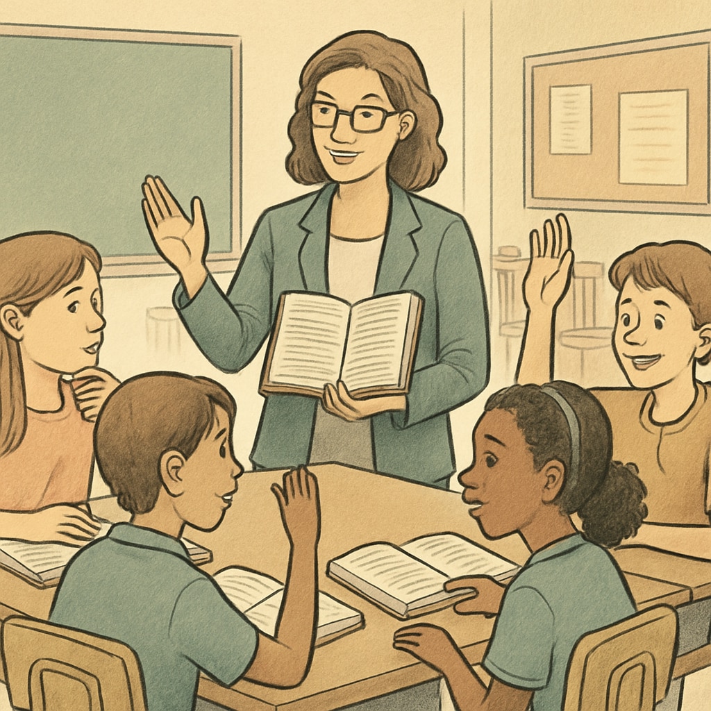 Teacher leading a group discussion with students about a novel in an ELA class.