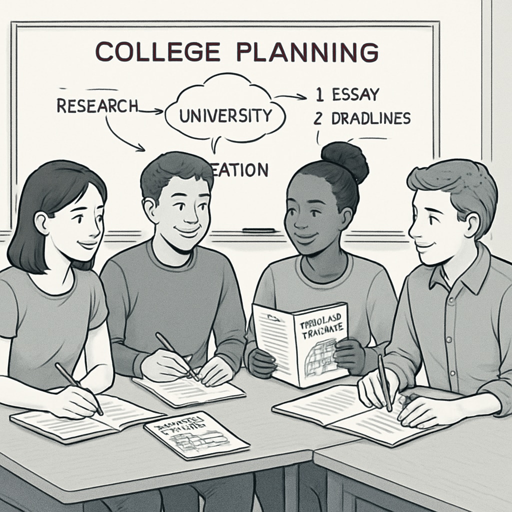 A group of high school students attending a college planning workshop, discussing university applications. High school students discussing university application challenges during a workshop.