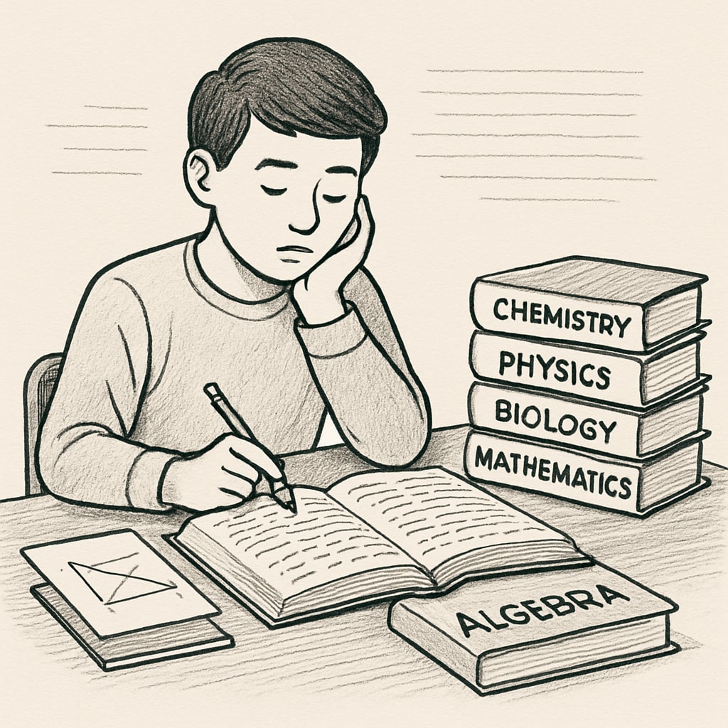 A student sitting at a desk surrounded by math and science textbooks, thoughtfully considering their options. High school student thinking about math and science major choices.