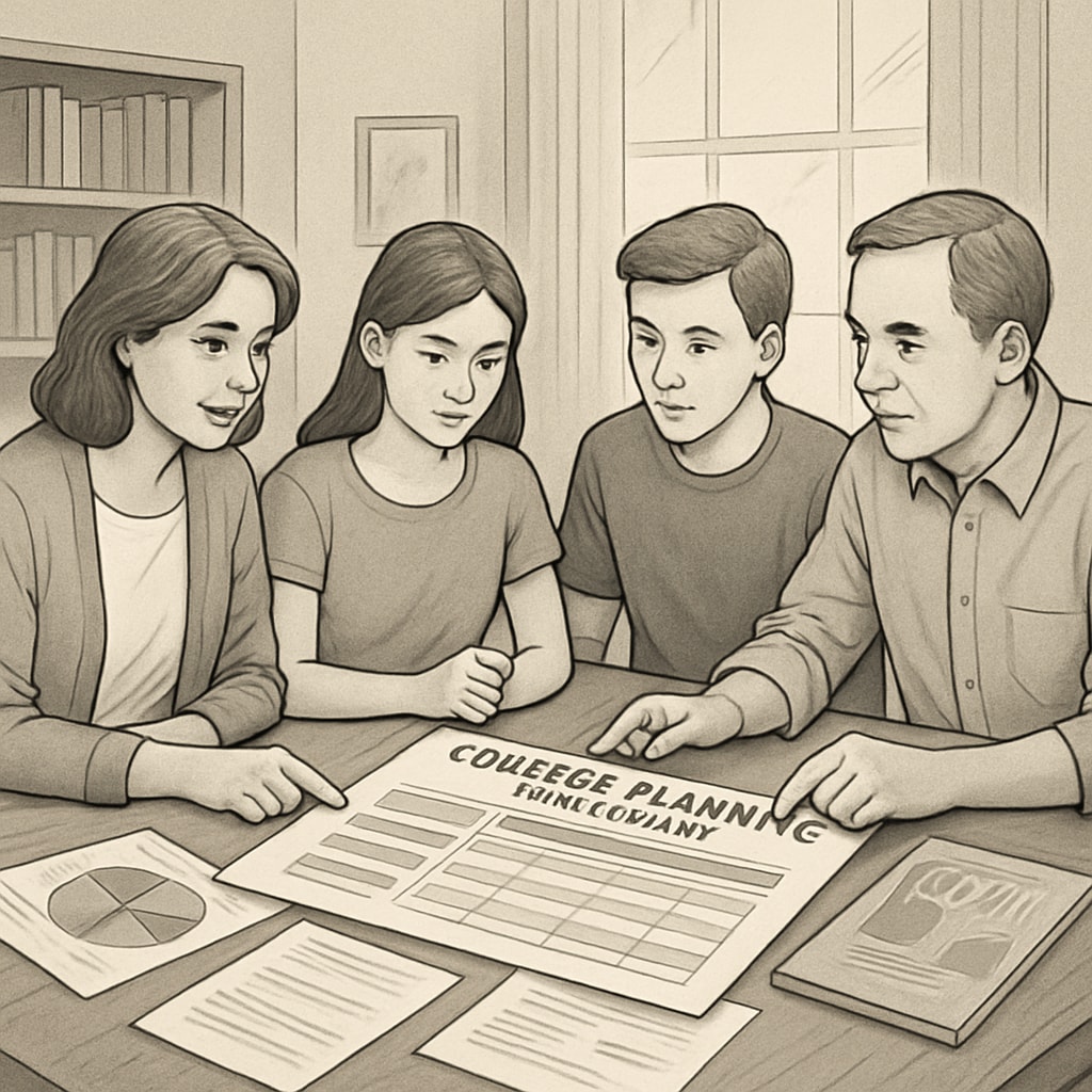 A family reviewing a college planning timeline together, with charts and brochures spread out on a table. A family discussing a college planning timeline to tackle university application challenges.