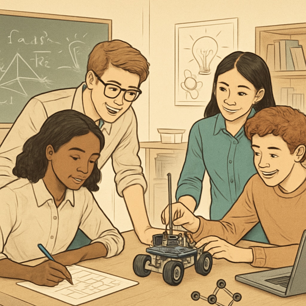 A group of STEM students working on a collaborative project, showcasing teamwork and innovation. STEM students collaborating on a science and math project.