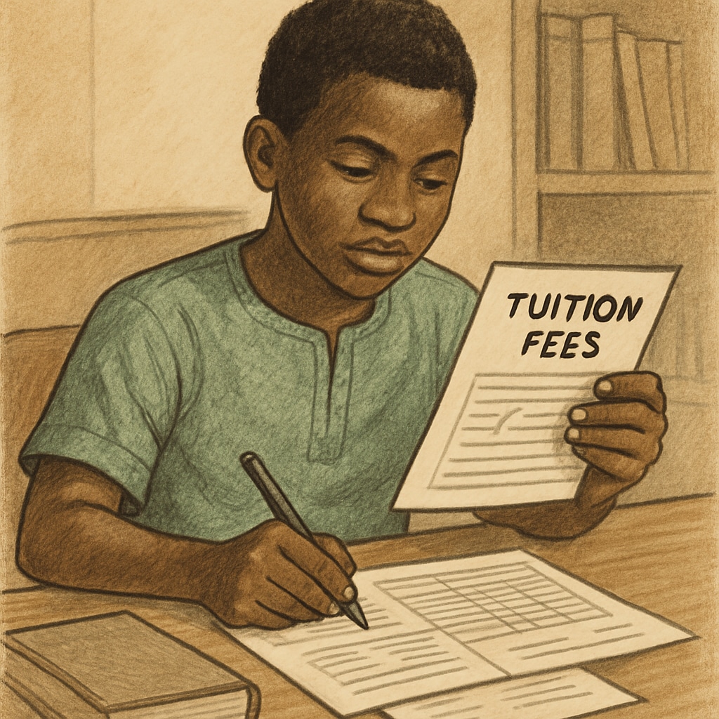 A Nigerian student sitting at a desk, reviewing financial documents related to tuition fees. Immigrant student reviewing tuition costs for Oxford University.