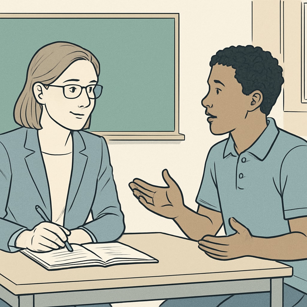 A teacher attentively listening to a student during a one-on-one discussion, showing mutual respect and understanding. Teacher listening to student during discussion, demonstrating respect in education.