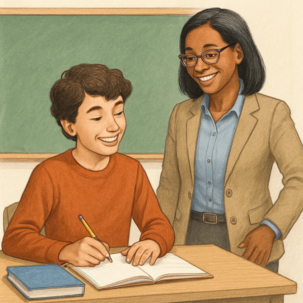 A student smiling while writing in a notebook, inspired by a teacher's encouragement and respect for her ideas. Student writing in notebook, motivated by respectful teaching.