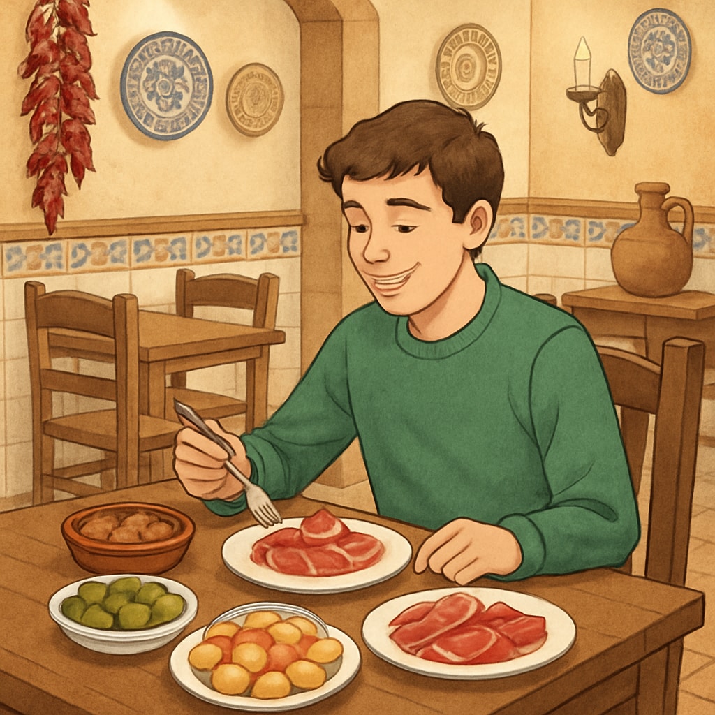 Student savoring Spanish tapas at a local restaurant, part of cultural integration.