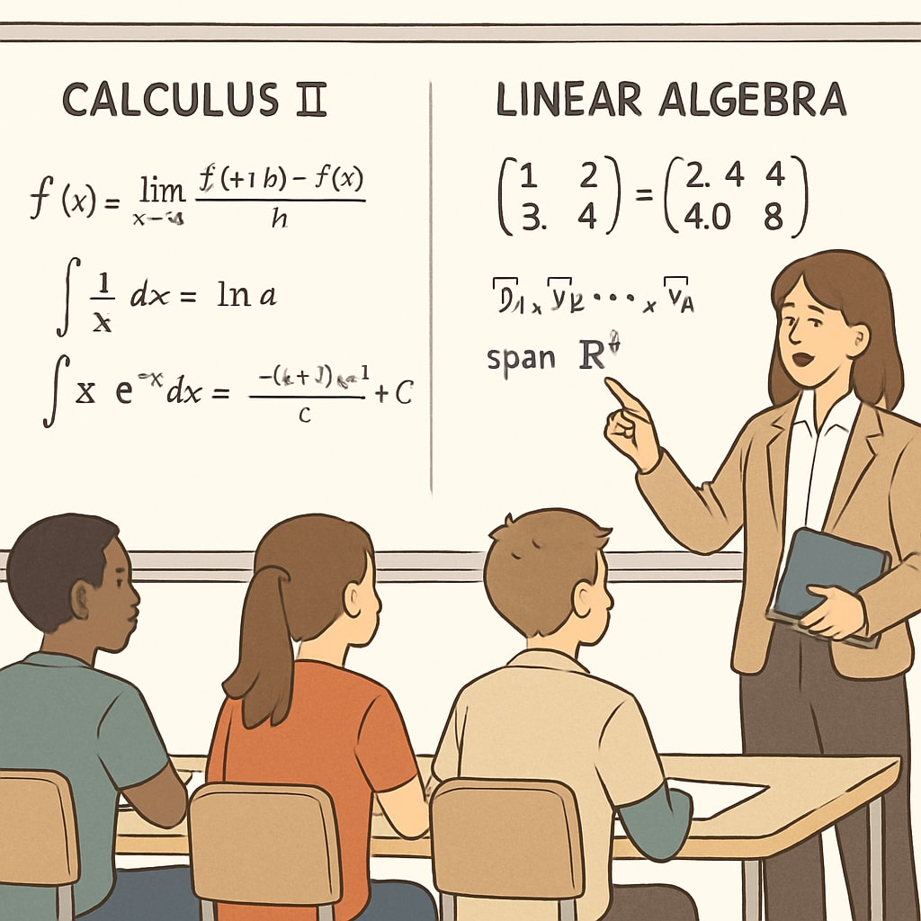 A classroom setting showing students engaged in a mathematics lecture, with equations related to Calculus II and Linear Algebra on a whiteboard. College students studying Calculus II and Linear Algebra concepts on a whiteboard.