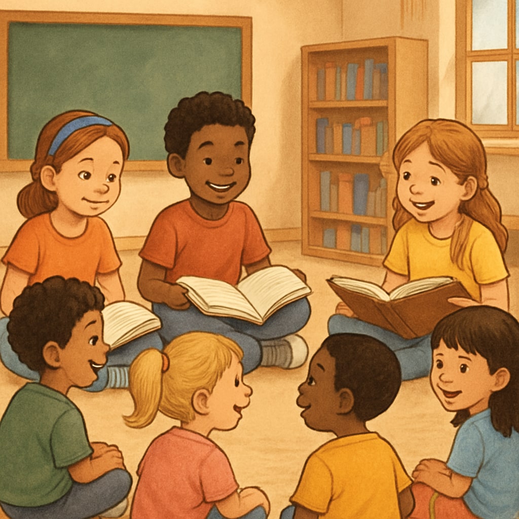 A group of fourth-grade students sitting with kindergarten children, engaging in a storytelling activity together. Fourth graders and kindergarteners participating in a storytelling activity.