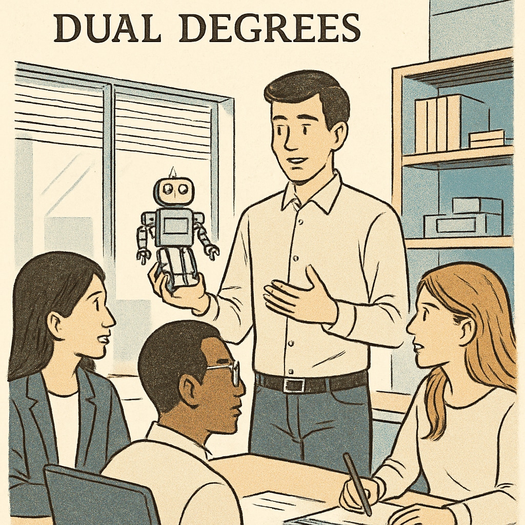 An engineer presenting a prototype to colleagues in a modern office environment, illustrating the interdisciplinary value of dual degrees. An engineer demonstrating how dual-degree knowledge enhances innovation and collaboration.