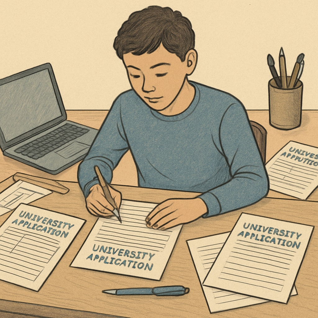 A young student sitting at a desk with university application papers and a laptop, symbolizing the challenge of achieving higher education dreams. A student facing challenges with university applications due to international student fees.