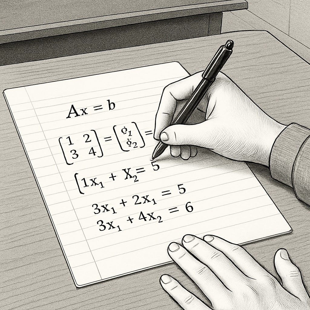 A close-up of a student solving matrix equations on paper, emphasizing Linear Algebra concepts. Student working on matrix equations to understand Linear Algebra applications in biostatistics.