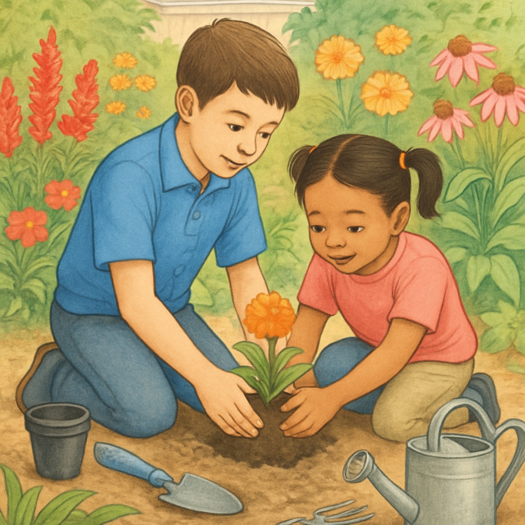 A fourth-grade student helping a kindergartener plant a flower in a school garden. Fourth grader and kindergartener collaborating on a gardening project.