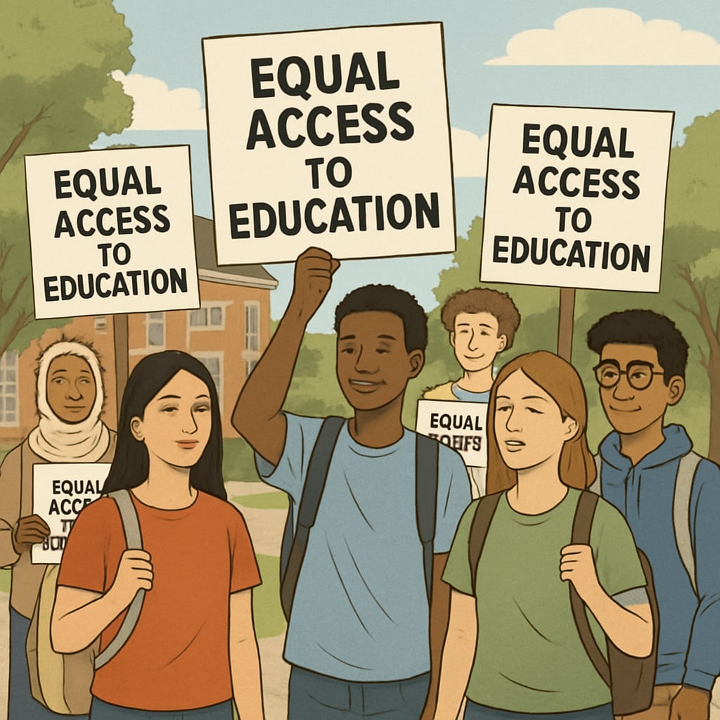A protest or rally advocating for education equity, with A rally highlighting the need for education equity for immigrant students.