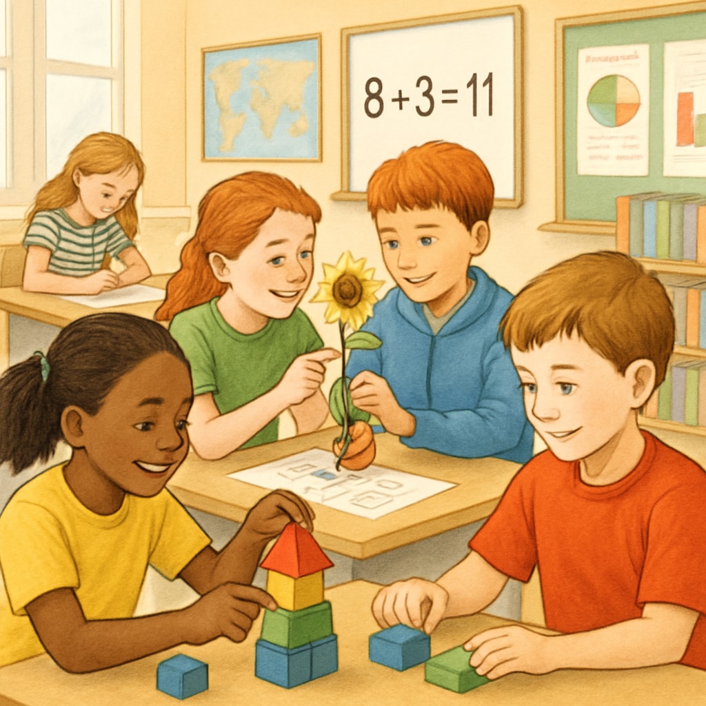 A group of children engaging in hands-on learning activities inside a classroom, representing modern approaches to elementary education. Children participating in hands-on learning activities inside a public school classroom.