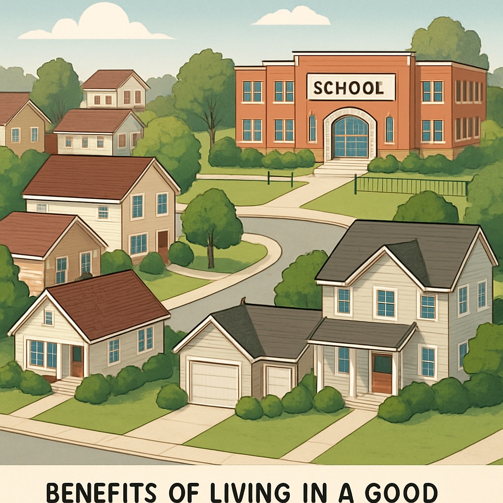 A suburban neighborhood with houses located near a top-rated school, showcasing the appeal of living in a good school district. A suburban neighborhood near a high-ranking school, highlighting the impact of school district quality on property values.