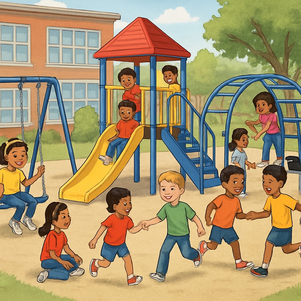 An outdoor playground filled with children playing and interacting, symbolizing community and physical development in elementary schools. Children playing on a school playground, representing community and physical development.