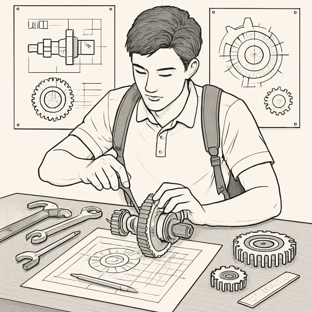 A university student working on a mechanical engineering project, symbolizing the integration of dual-degree knowledge. A mechanical engineering student working on a project, representing dual-degree integration.
