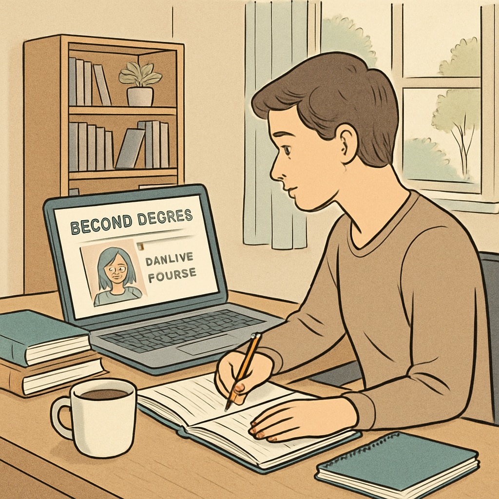 A student studying an online course for their second degree, showcasing the flexibility of online education. A student taking an online course for dual-degree flexibility.