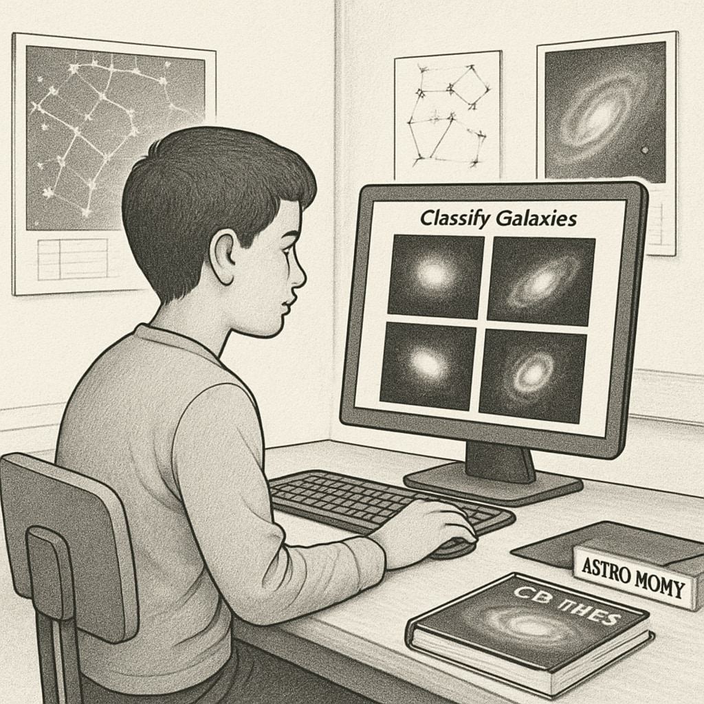 A student actively participating in a Zooniverse project, classifying galaxies as part of an astronomy-focused citizen science initiative. A student involved in classifying galaxies on Zooniverse, contributing to citizen science projects.
