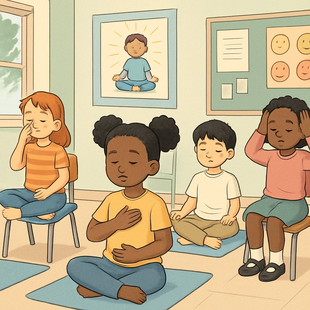 A diverse group of children practicing mindfulness or emotional exercises in a classroom setting. Children engaging in emotional education practices like mindfulness in a classroom.