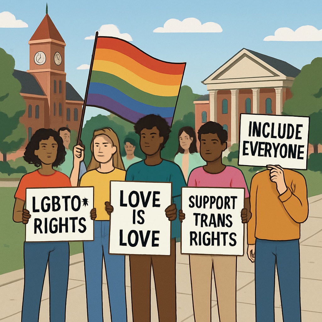 A symbolic image showing a protest at a university campus, with signs advocating for LGBTQ+ rights and inclusivity. University protest for LGBTQ+ rights and inclusivity, representing student activism.