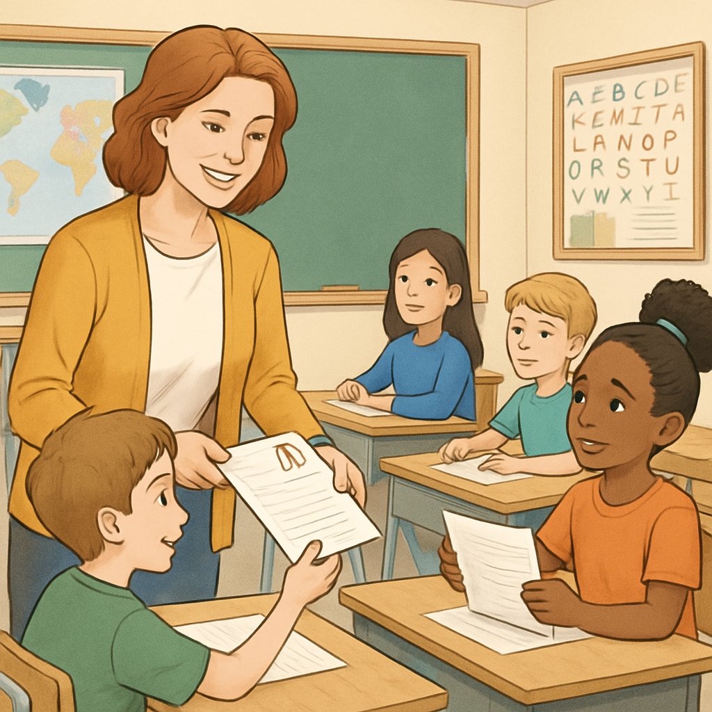 A classroom scene with a teacher handing graded papers back to students, symbolizing the importance of accurate assessment. Teacher returning graded papers to students in a classroom setting, highlighting fair grading practices.