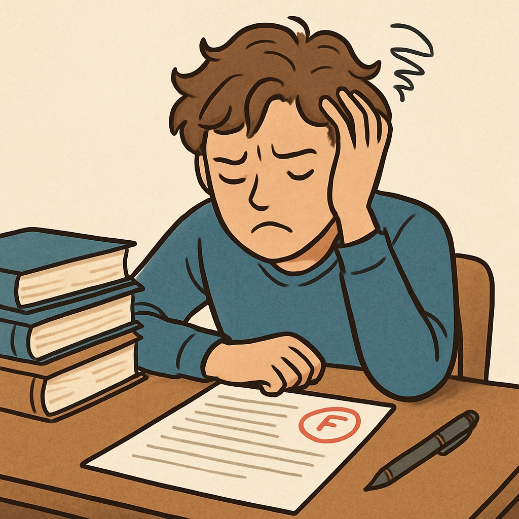 A frustrated student sitting at a desk with textbooks and a marked test paper, illustrating the emotional toll of grade disputes. A student looking upset while reviewing a marked test paper, representing the challenges of grade appeals.