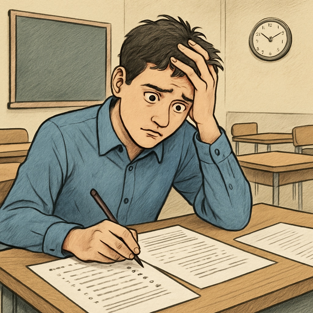 A worried student sitting at a desk with exam papers, symbolizing the stress of A-Level results. A-Level exam stress and decision-making challenges.
