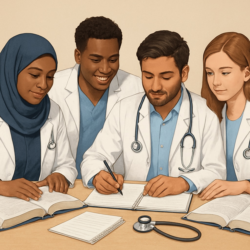 Diverse medical students studying together, highlighting inclusivity and education challenges.