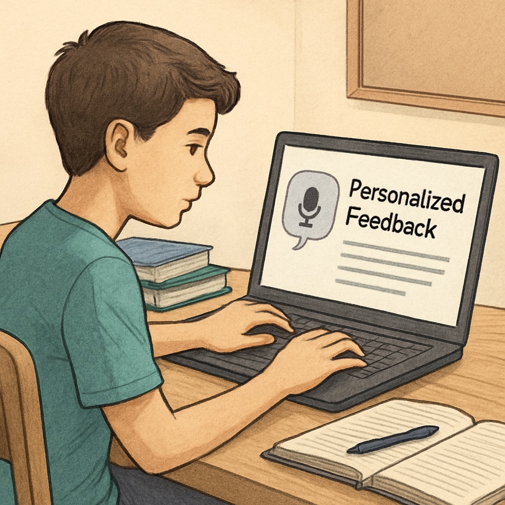 A student reviewing personalized feedback generated via voice-to-text technology on a laptop. Student reading feedback created using voice-to-text tools on their computer