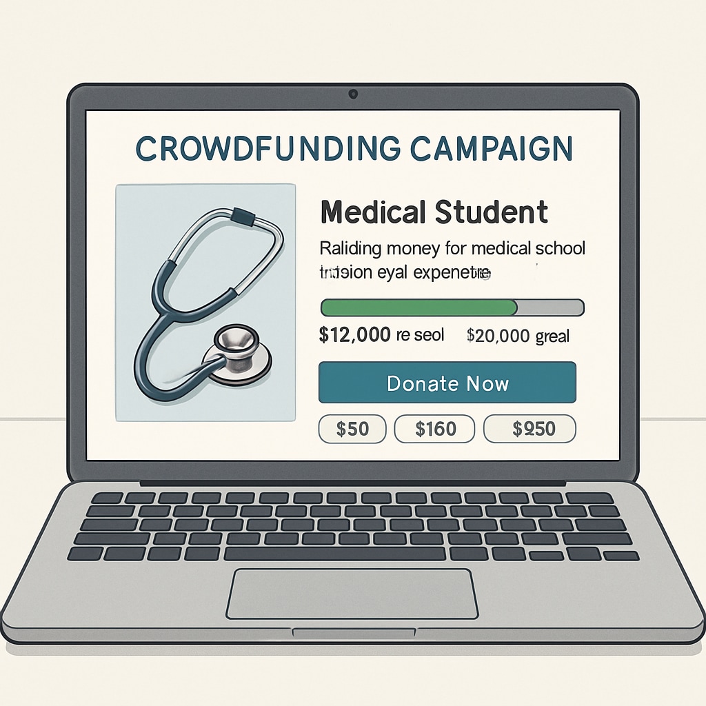 Laptop screen showing a crowdfunding campaign for a medical student, symbolizing digital fundraising.