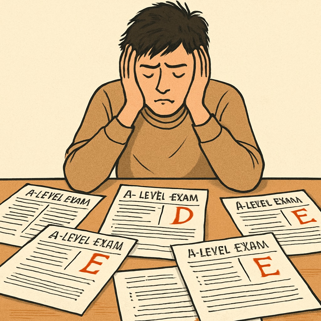 A stressed student sitting at a desk with A-level exam papers spread out, representing the challenge of navigating educational pathways after poor results. Stressed student reflecting on A-level failure and potential educational pathways.