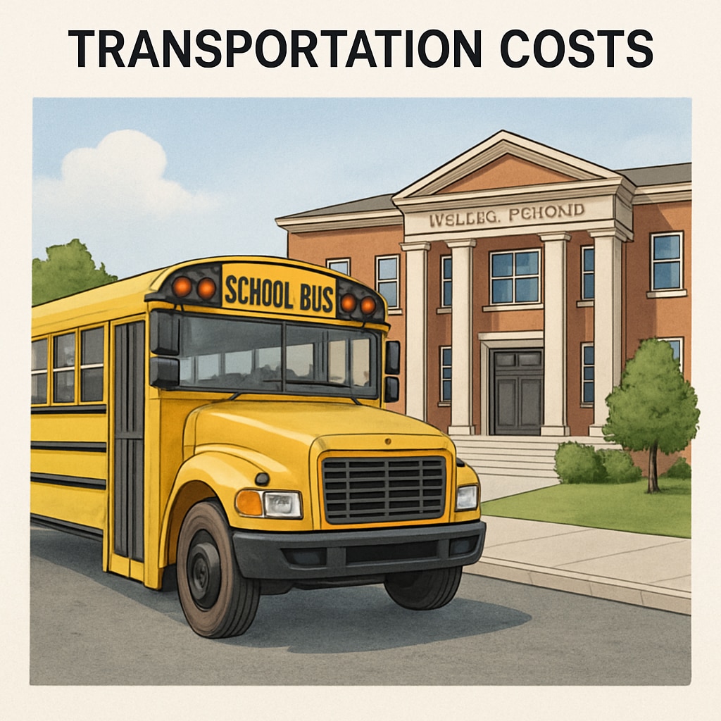 A school bus parked outside a public school, symbolizing transportation costs in education budgets. A school bus as a representation of transportation costs in per-student spending statistics.
