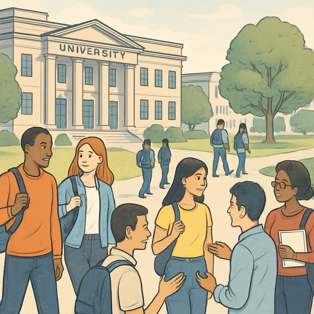 A university campus with students walking and engaging in discussions, symbolizing domestic university opportunities for students with lower A-level scores. University campus showcasing domestic educational opportunities for students after A-level failure.