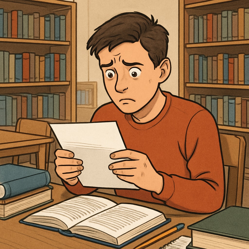 A distressed student sitting in a library, visibly upset after receiving a plagiarism accusation letter. Student reacting to plagiarism accusation