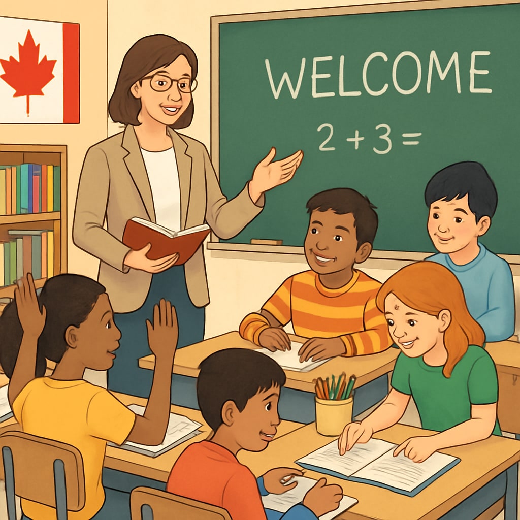 A professional educator teaching a diverse group of K-12 students in a Canadian classroom, symbolizing inclusivity in education. Educator teaching diverse K-12 students in a Canadian classroom