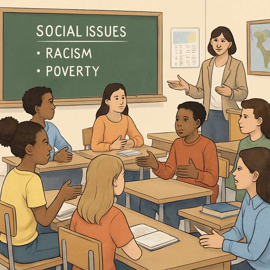 A classroom discussion where students are actively engaged in a conversation about social issues. Students discussing wokeness and social issues in a classroom setting.