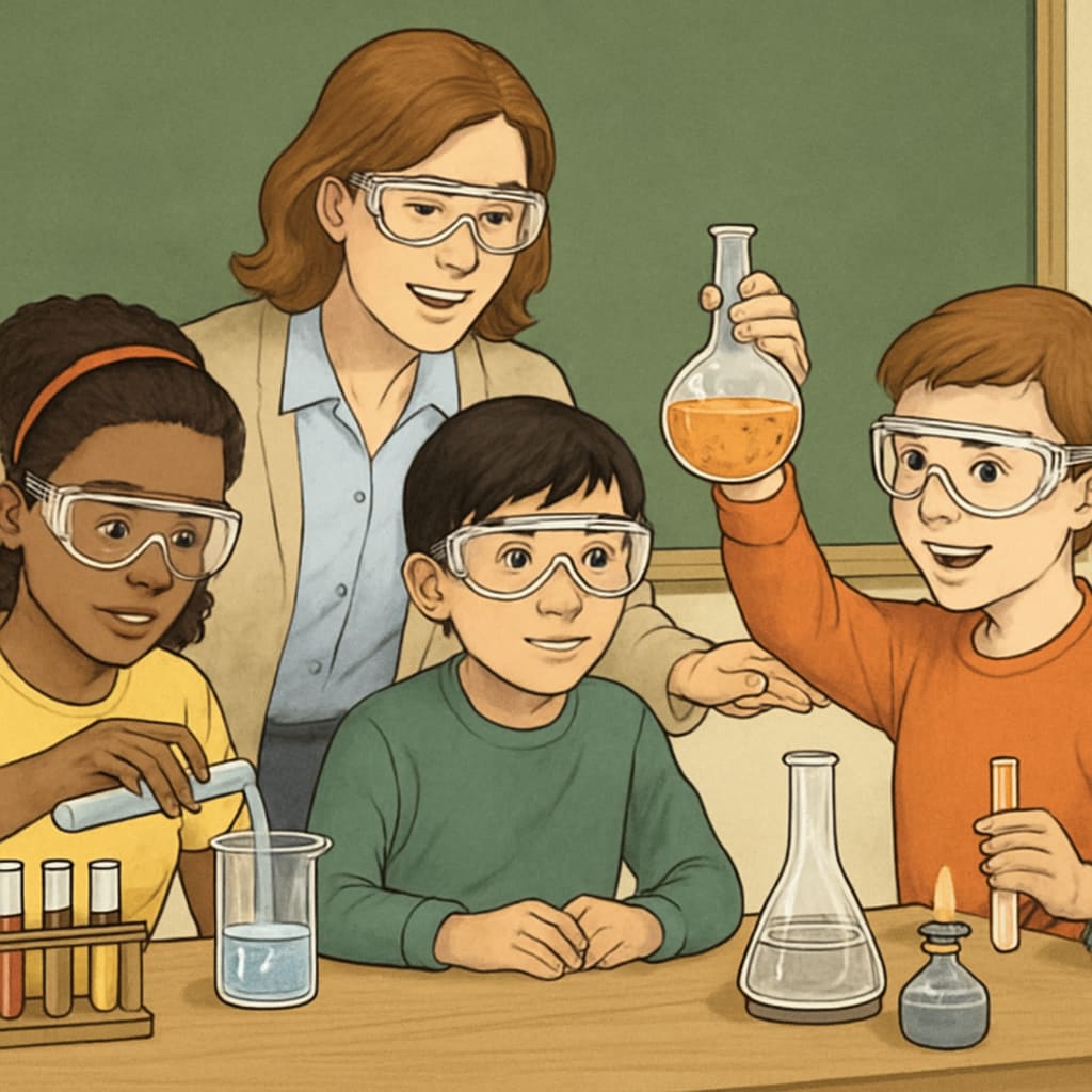 A classroom with diverse students actively engaged in a science experiment, representing English learners. Diverse students participating in a science experiment, illustrating English learners in science education.