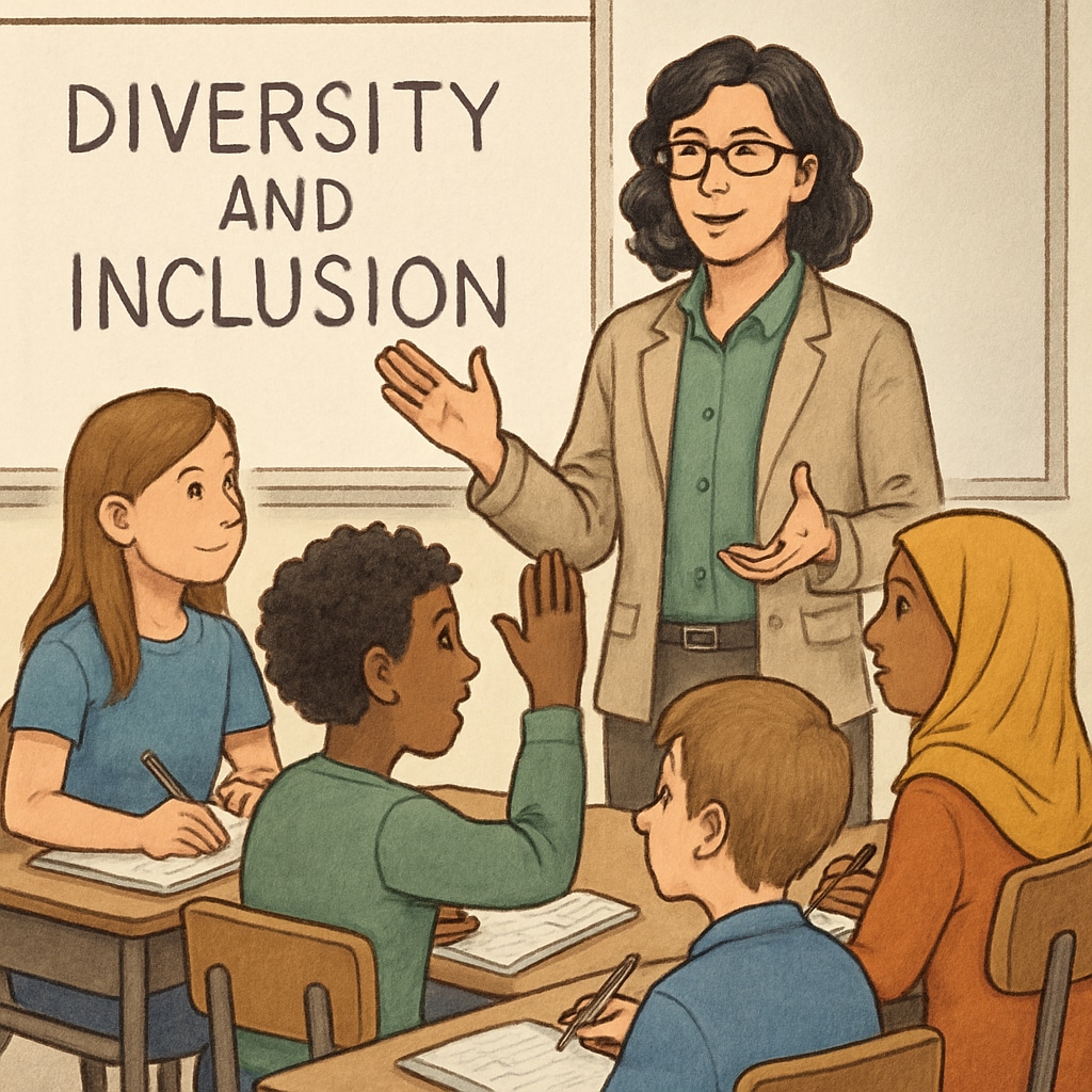 A teacher leading a class discussion on diversity and inclusion, with students taking notes and actively participating. Classroom discussion on diversity and inclusion with engaged students.