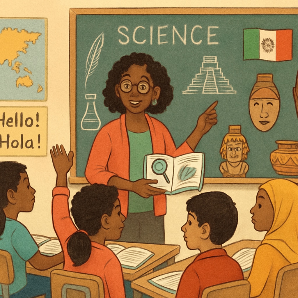A teacher incorporating cultural elements into a science lesson, fostering inclusivity for English learners. A teacher integrating cultural relevance into a science lesson for English language learners.