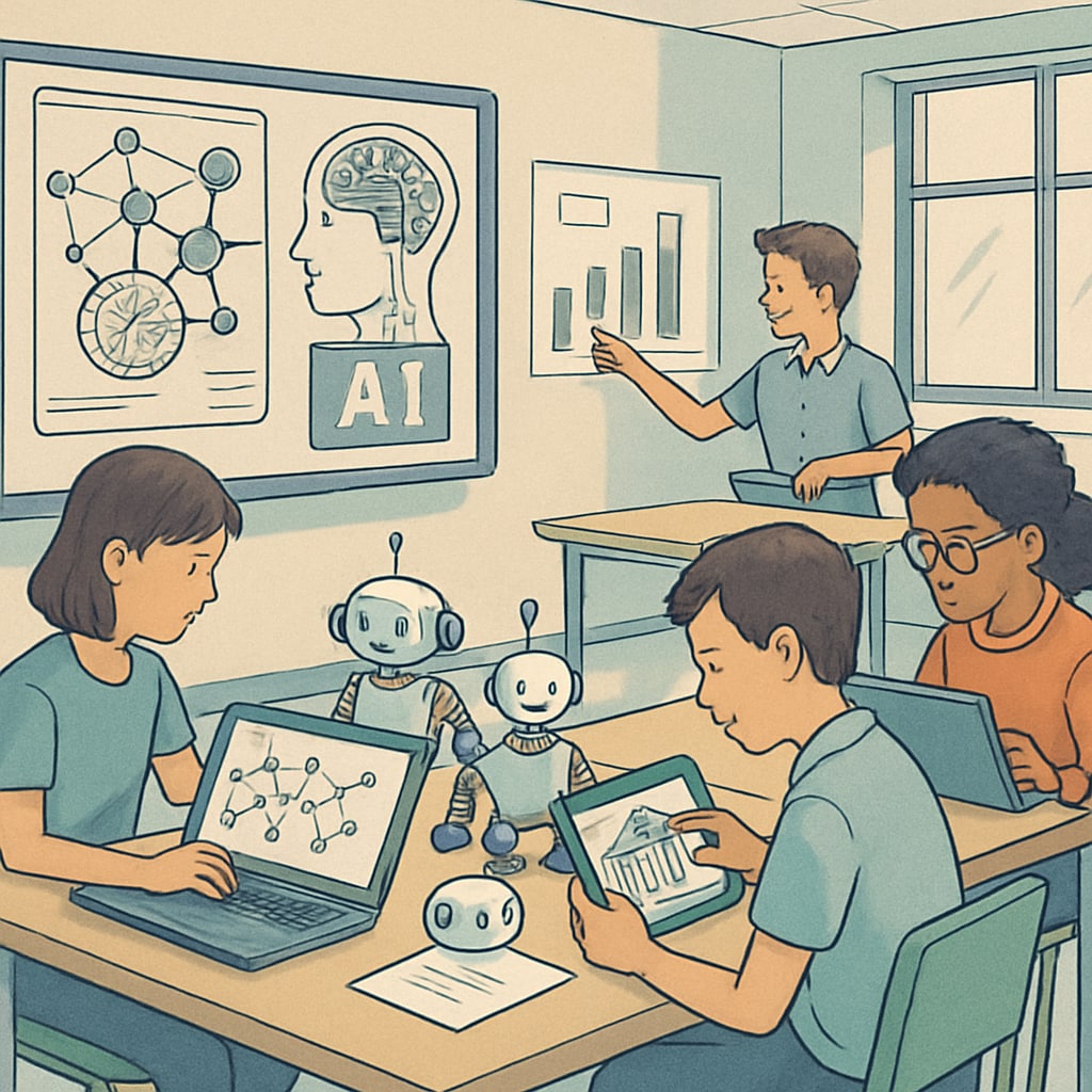 A futuristic classroom equipped with AI tools, showcasing students engaging in project-based learning. AI in education transforming competitive exams through project-based learning.