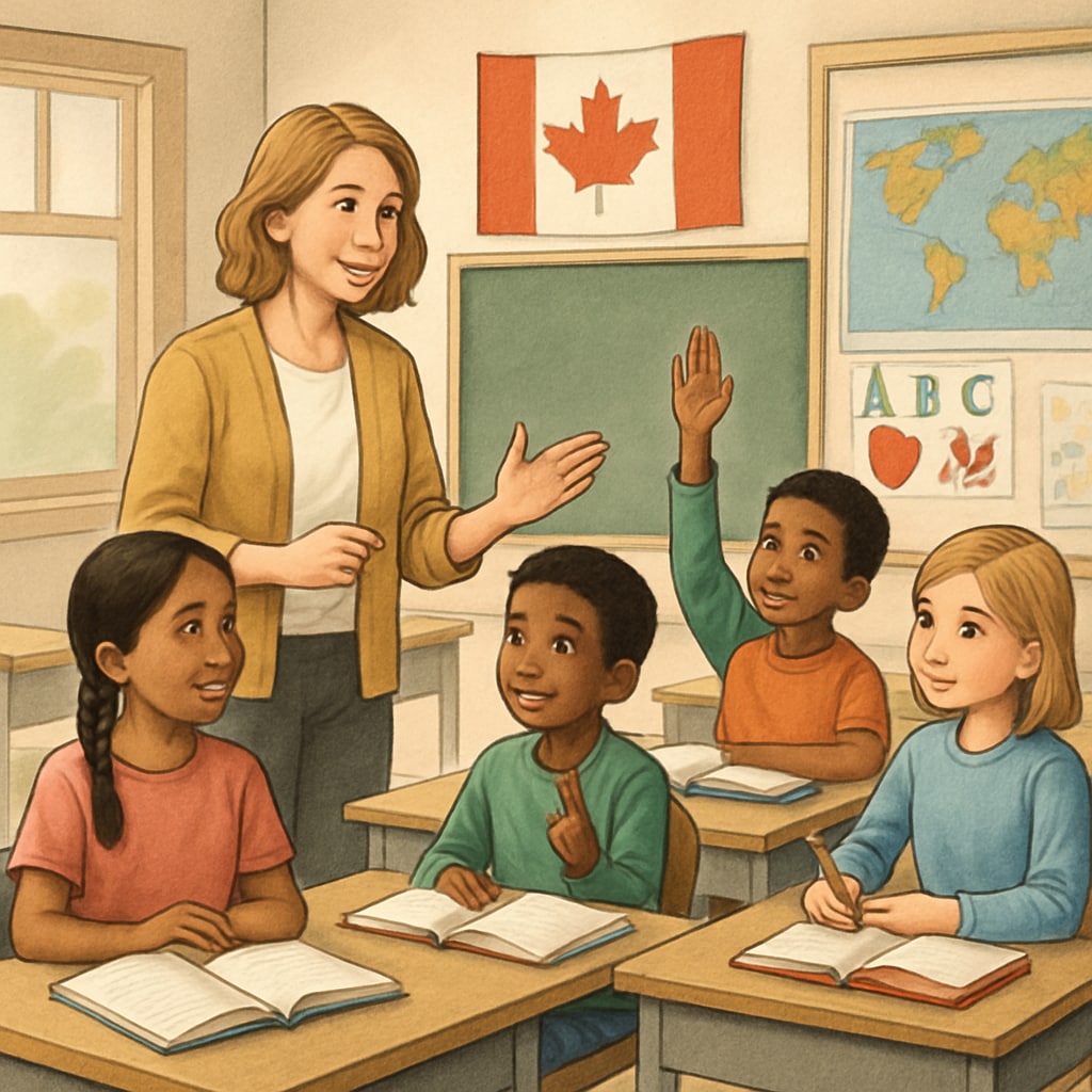 A teacher guiding a diverse group of students in a Canadian classroom setting. A teacher with multicultural students in a Canadian classroom, illustrating inclusive education.