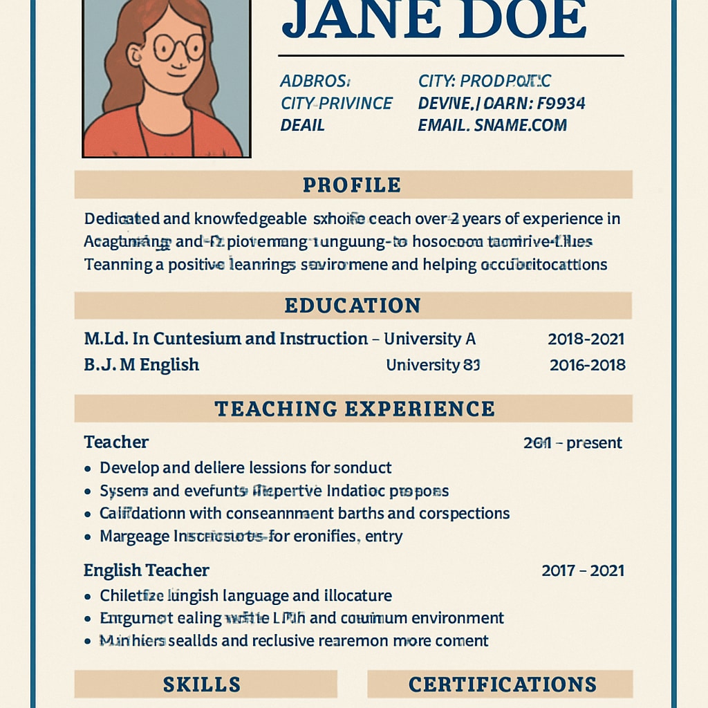 A professional resume layout designed for educators seeking positions in Canada. A sample resume layout for Canadian K-12 education roles, emphasizing key sections like professional summary and certifications.