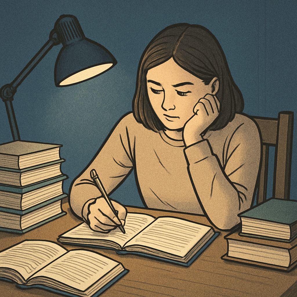 High school student studying late at night due to work and academic commitments